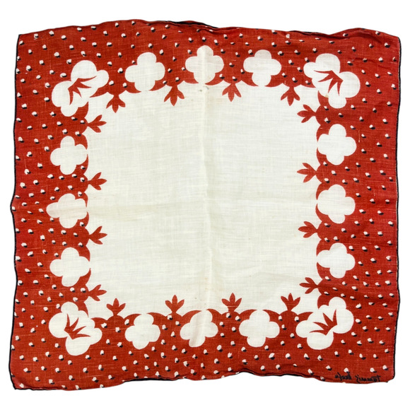 Tammis Keefe Handkerchief Vintage Red White Dots Floral Plants Retro Square READ - Picture 5 of 8
